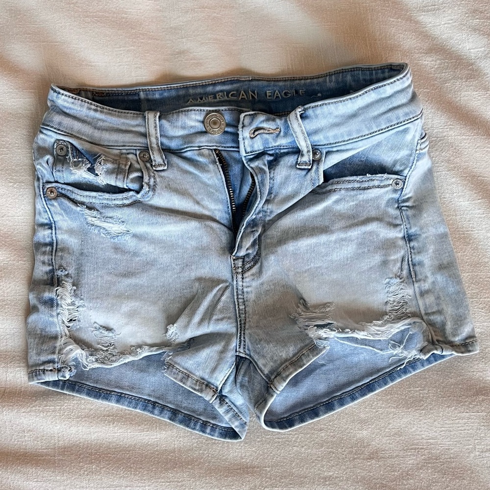 American Eagle Distressed Denim Hi-Rise Shortie Shorts